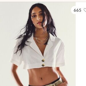 Free People White Honeydrew Cropped Button-Down Shirt